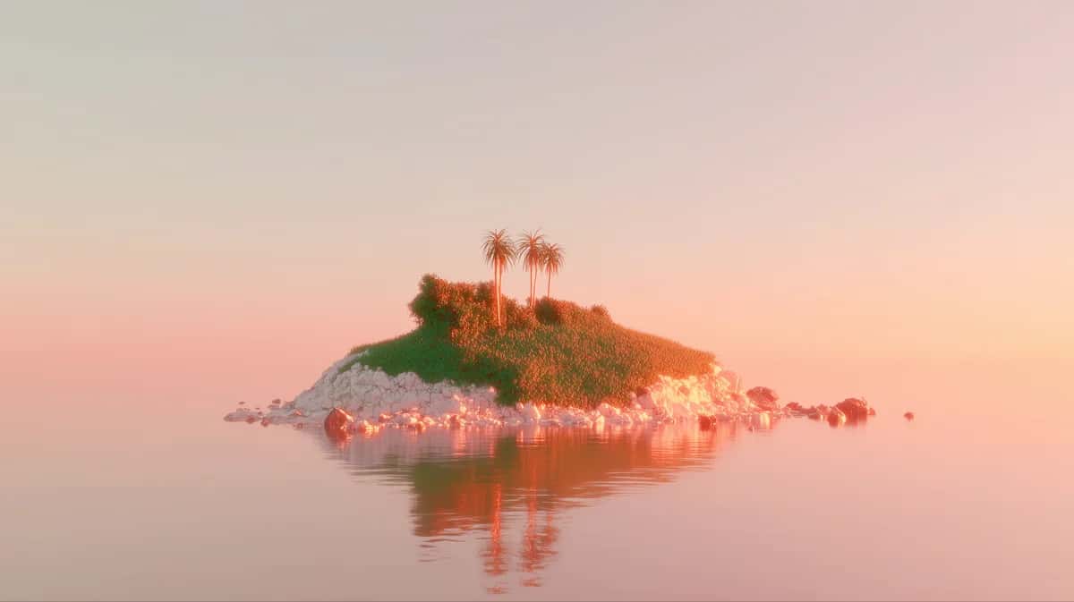 Tropical island with palm trees at sunrise, pink and orange sky reflection in calm water