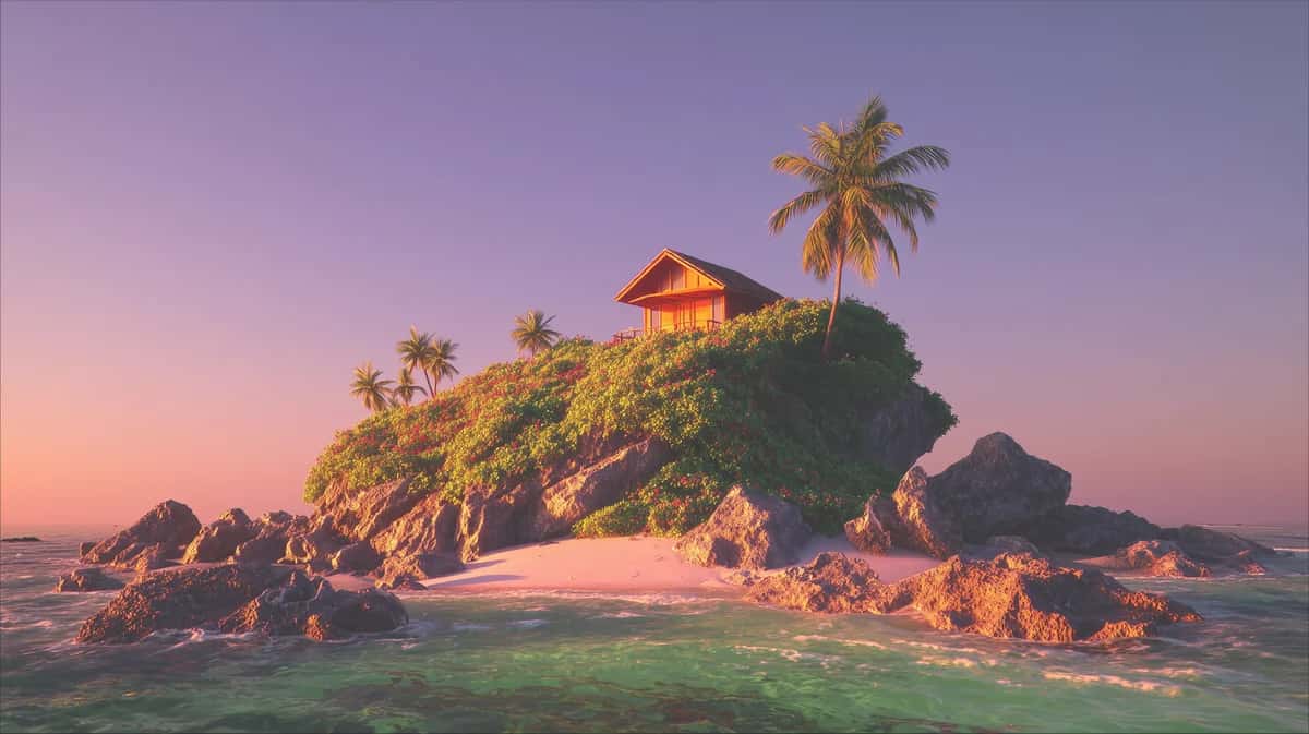 Tropical island with house at sunset, purple sky, golden light, rocky coastline