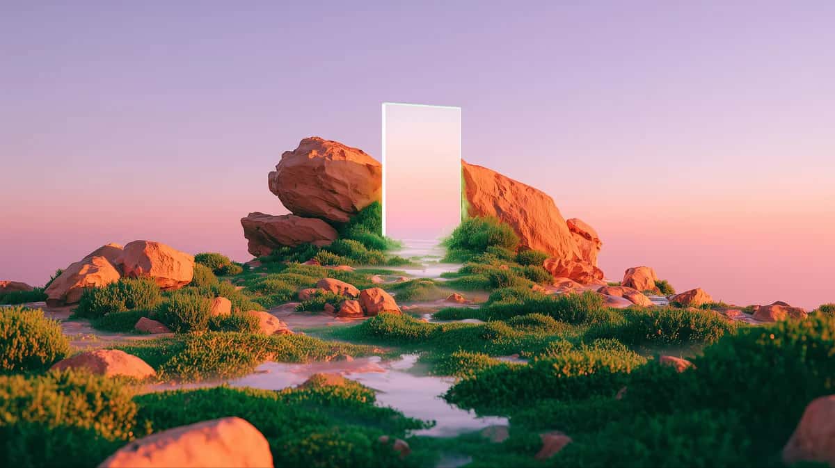 Illuminated glass rectangle on rocky desert landscape at sunset, glowing pink and gold light
