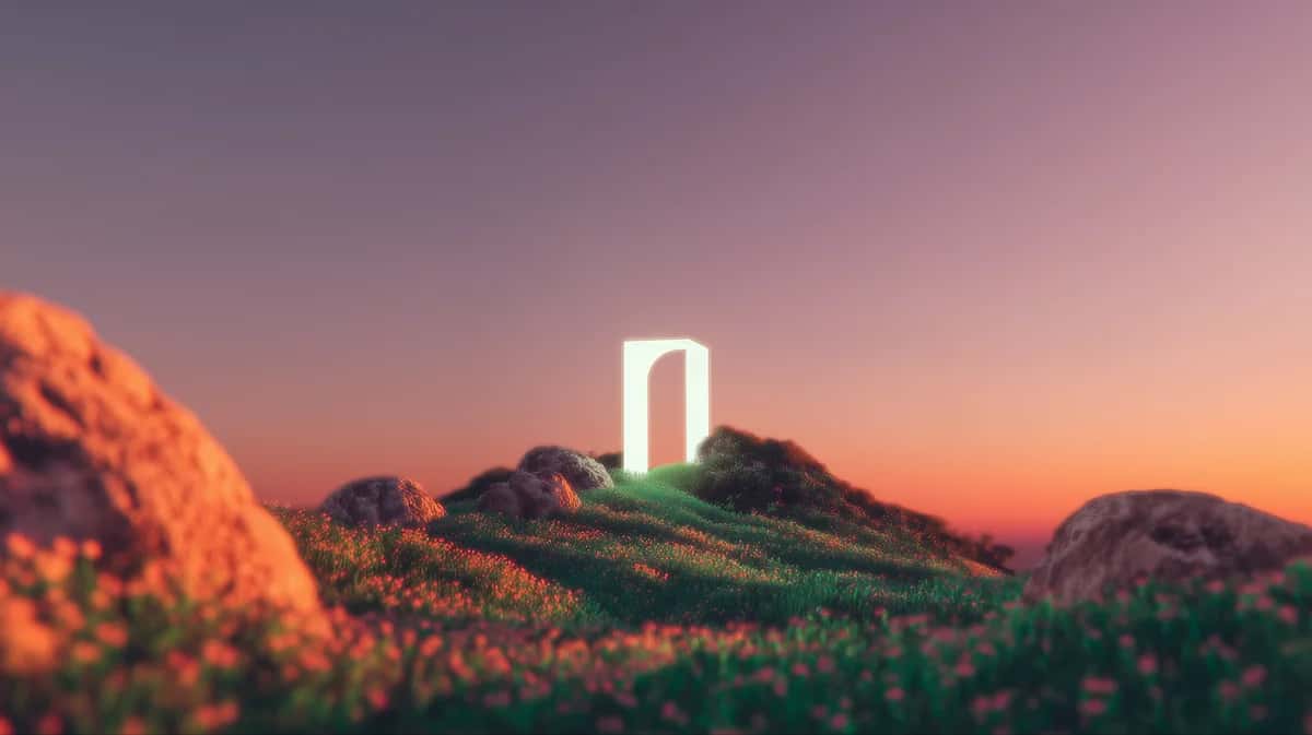 Glowing white archway on rocky hilltop surrounded by desert landscape at sunset with pink sky