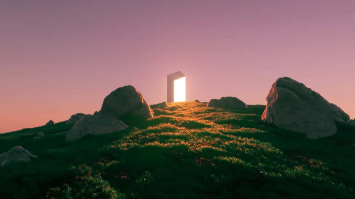 Surreal landscape with glowing doorway on hillside at sunset, pink sky, green grass, dark rock formations