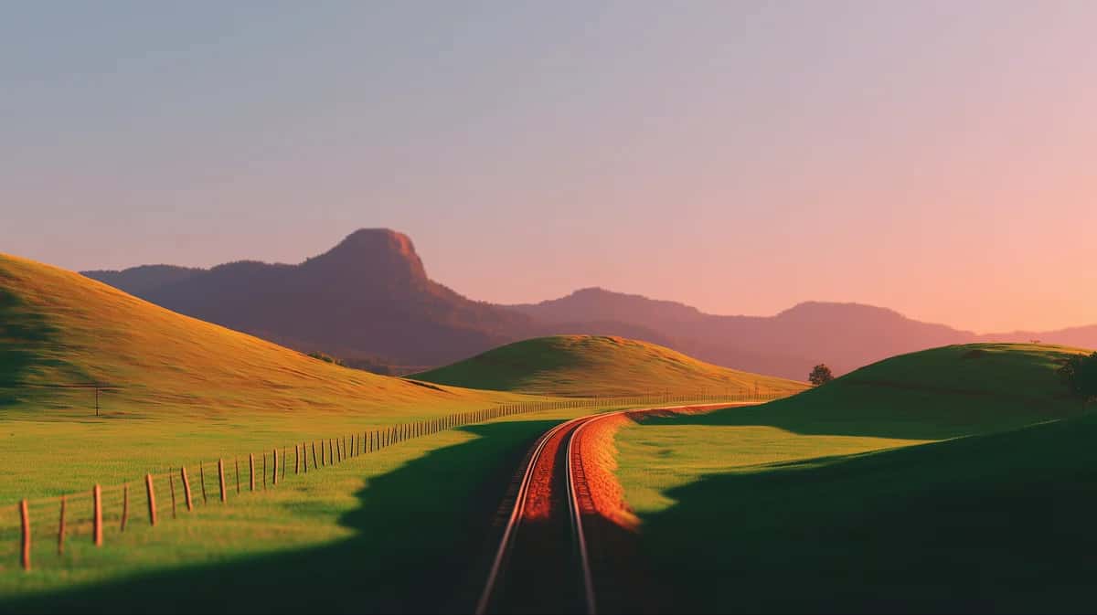Red road stretching through green rolling hills toward distant mountain peaks at golden sunset