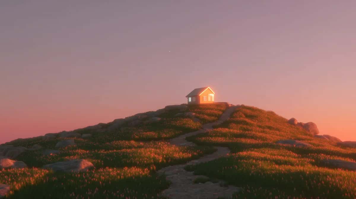 Glowing cabin on a grassy hilltop at dusk under a soft pink sky