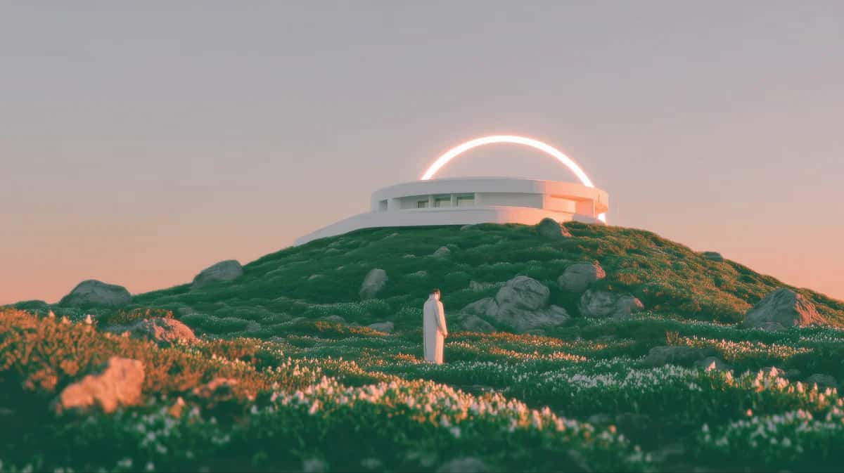 Futuristic dome structure on verdant hillside at golden hour sunset with flowering meadow