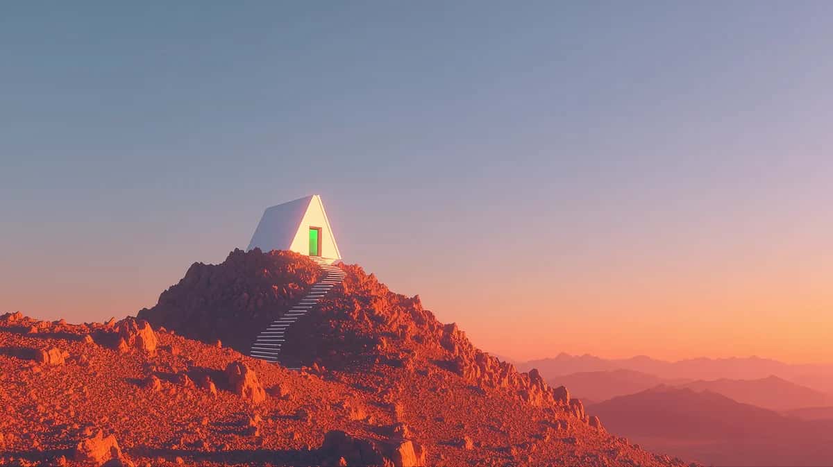 Illuminated mountain peak at sunset with warm orange and golden light, rocky terrain, twilight sky