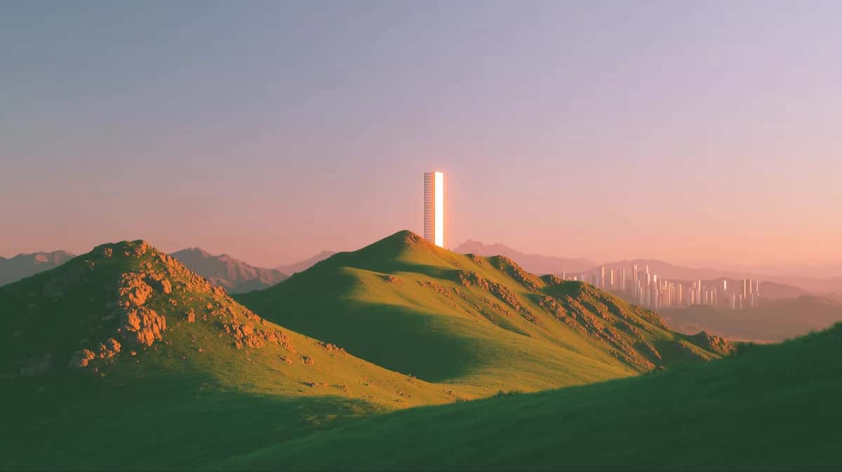 Illuminated tower on green mountain ridge at sunset with distant cityscape and golden light