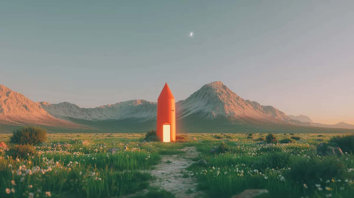Red rocket in green valley with mountain peaks at golden hour, moon visible in sky
