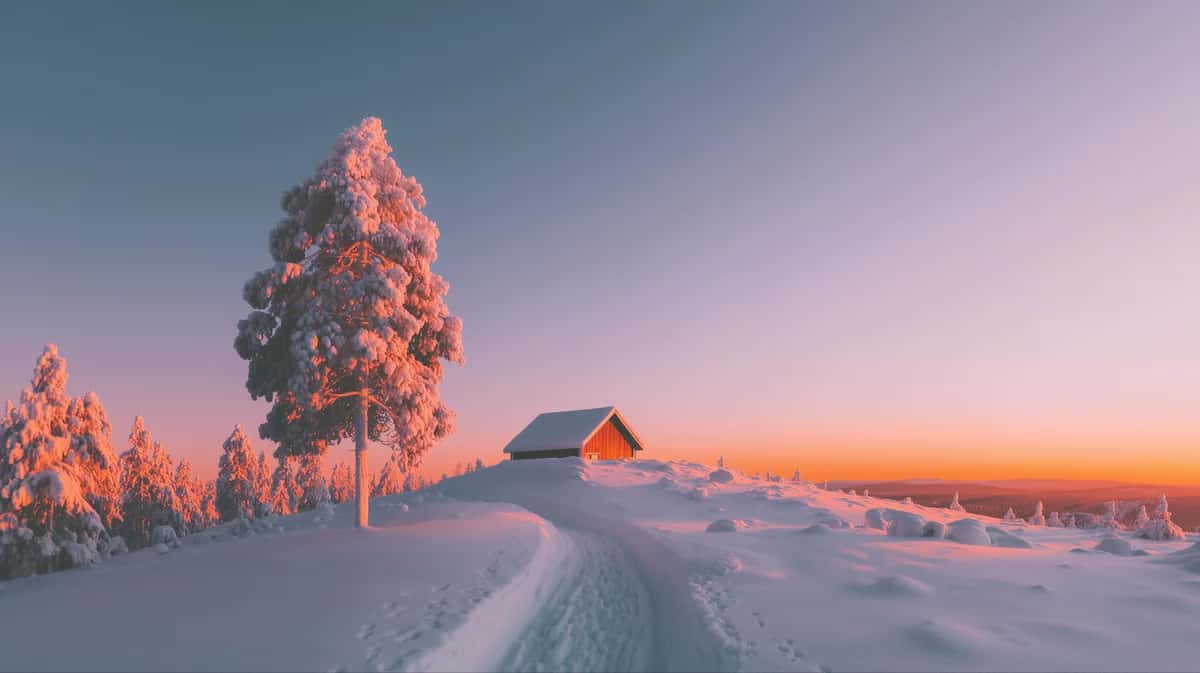 Snow-covered landscape at sunset with frost-laden trees and distant cabin, golden pink sky
