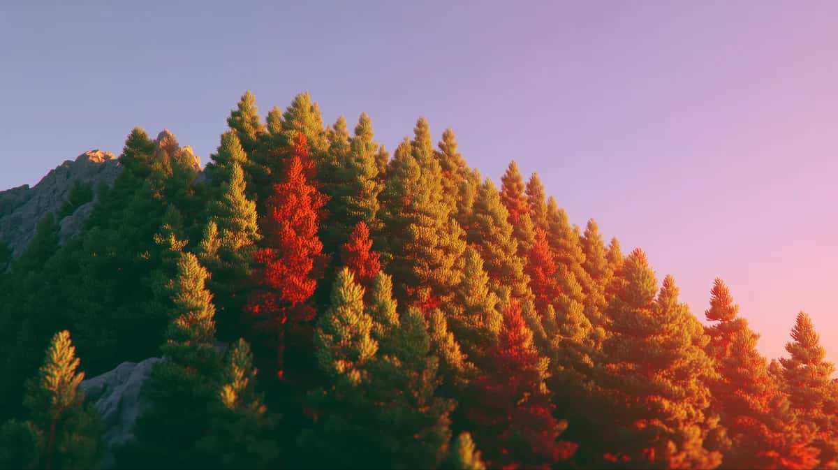 Autumn larch forest hillside with golden and red foliage against pink sunset sky
