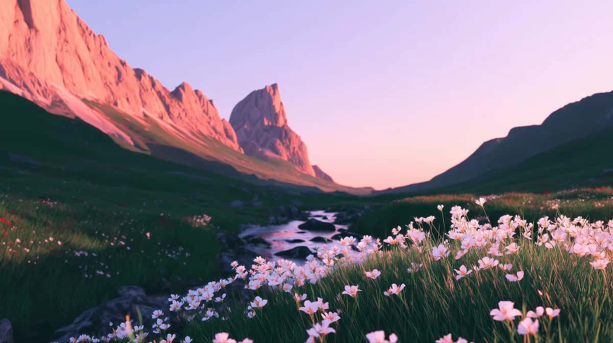 Alpine valley at sunset with pink wildflowers, dramatic rocky peaks, and purple twilight sky