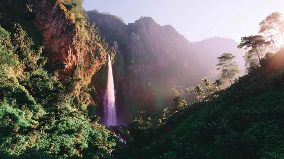 Misty mountain waterfall surrounded by lush green cliffs and tropical vegetation at sunrise