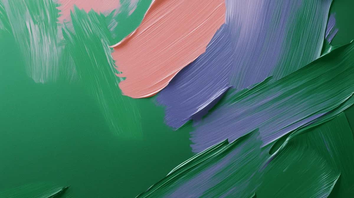Abstract paint strokes in green, pink, and purple with dynamic brushwork and layered textures