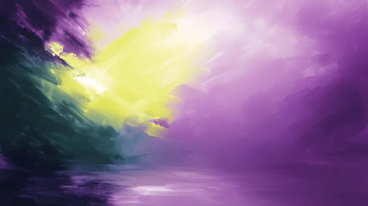 Dramatic purple and yellow sky with stormy clouds over calm water, moody landscape