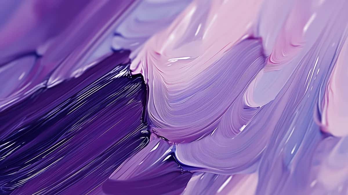 Abstract paint strokes in purple, lavender, and deep violet with fluid, layered brushwork
