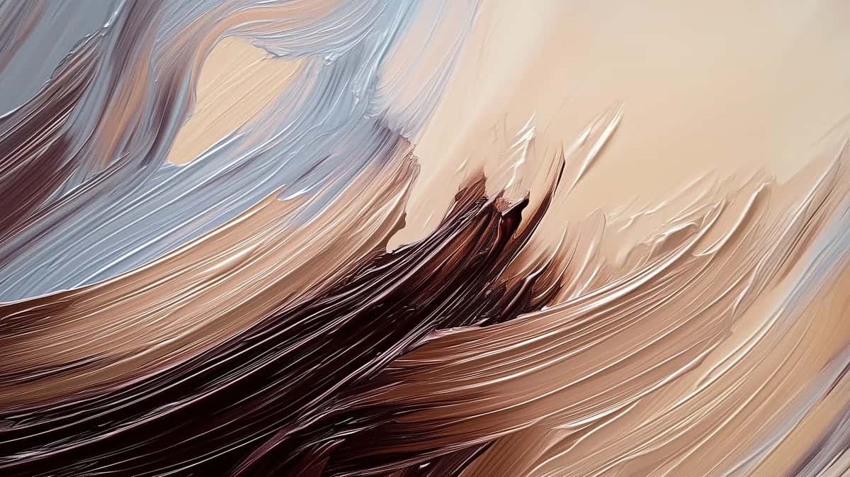 Abstract paint strokes in cream, tan, and dark brown with dynamic diagonal motion and soft blending