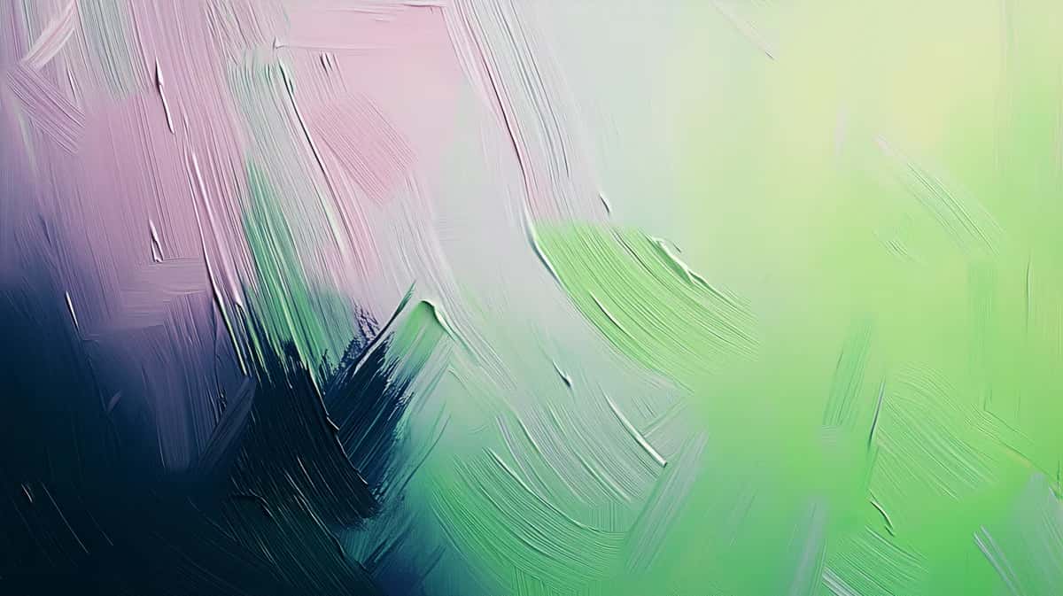Thick painterly brushstrokes of lilac, lime green, and deep navy on canvas