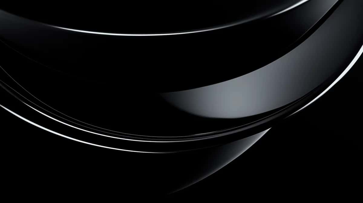 Glossy black curving ribbons with thin white highlight lines on dark background