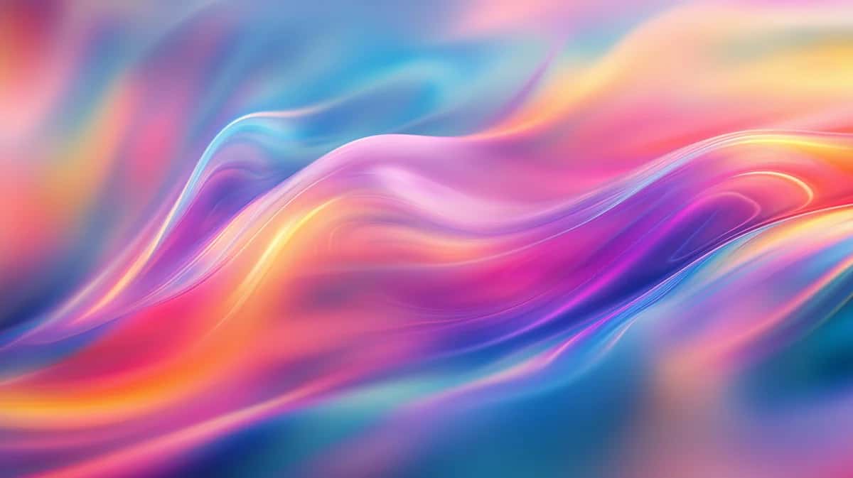 Smooth flowing waves of pink, blue, orange, and yellow holographic gradient