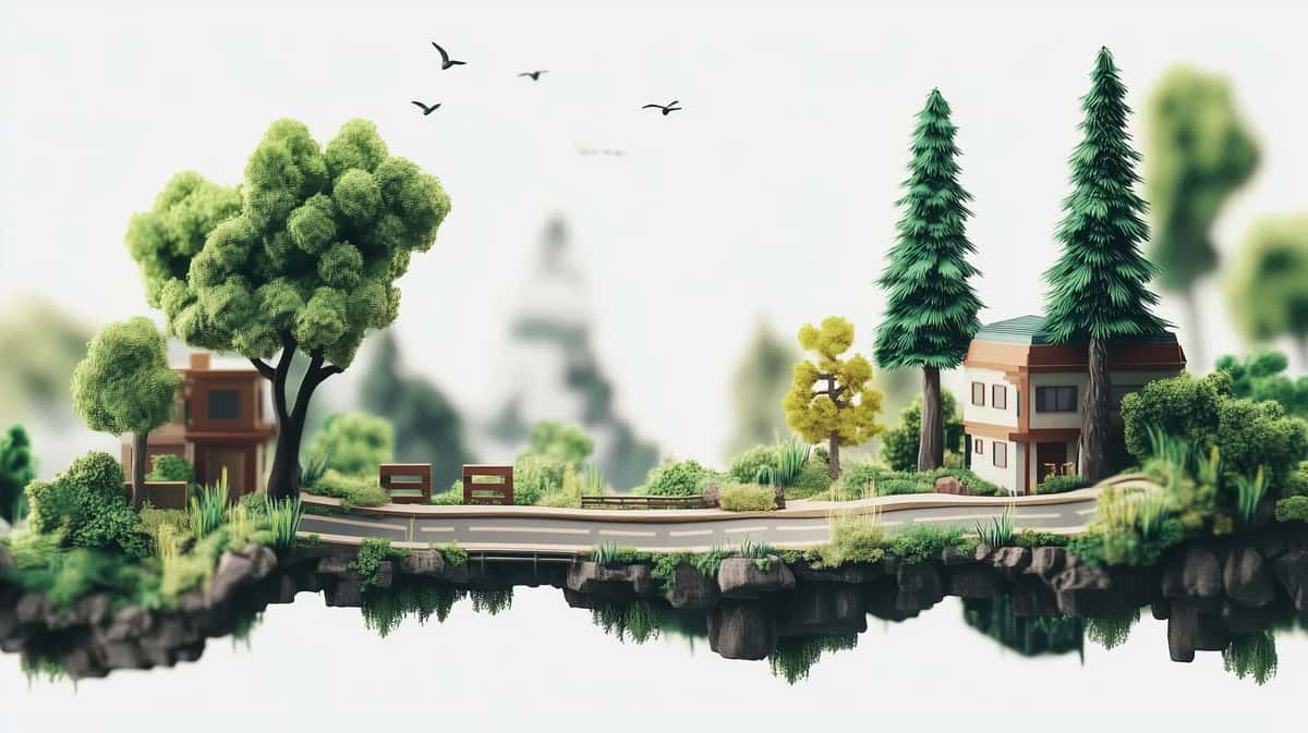 Tiny floating diorama of green trees, small houses and a winding road on white