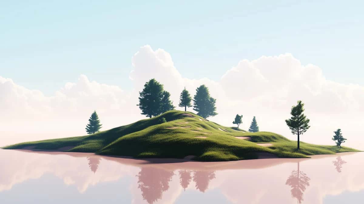 Soft grassy hilltop island floating above pastel water with mirrored reflection and clouds