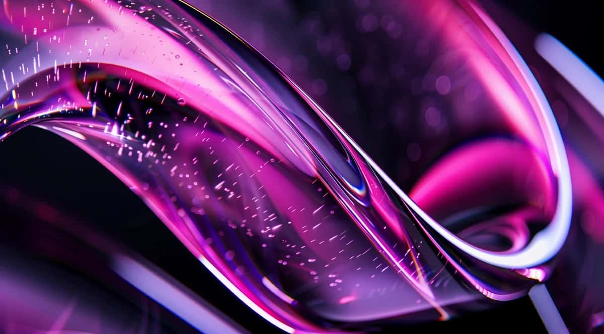 Flowing magenta and violet glass ribbon with sparkling particles on a black background
