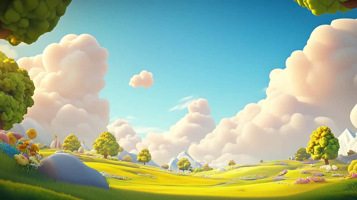 Idyllic pastoral landscape with fluffy white clouds, rolling green hills, scattered trees, bright blue sky