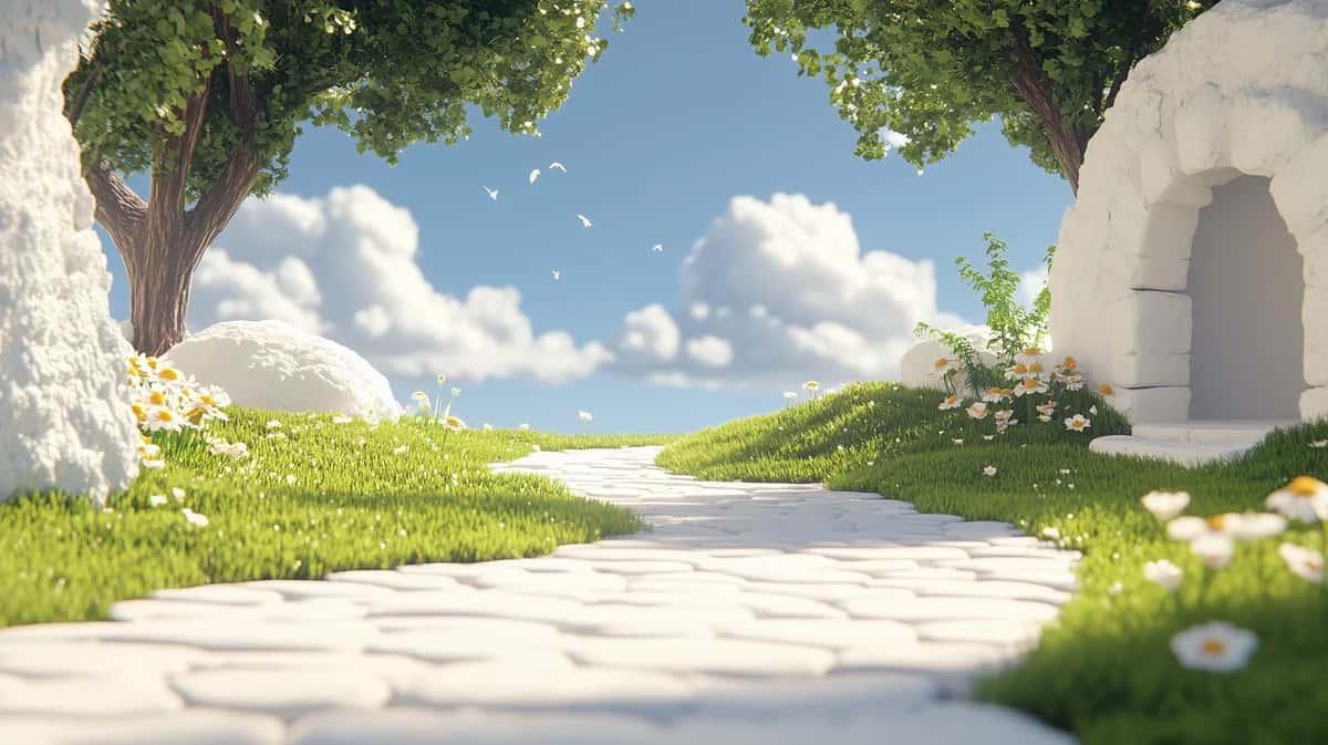 Serene pathway with white stone walls, lush green grass, tree canopy, blue sky with clouds