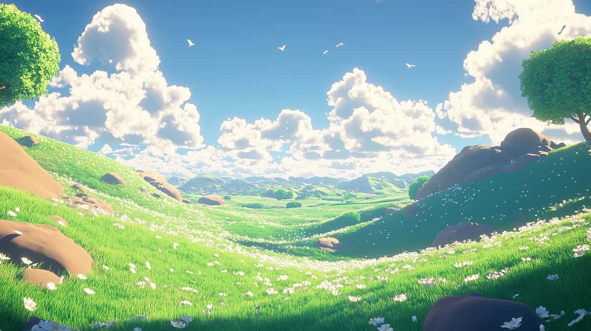 Stylized green meadow valley under a bright blue sky with puffy white clouds