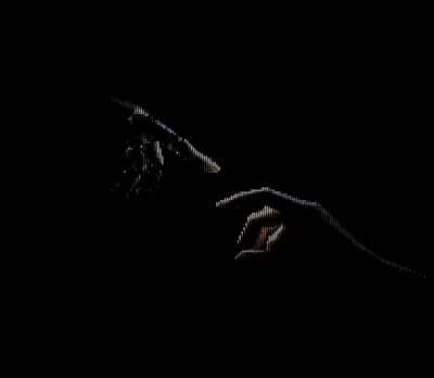 Sparse ASCII characters forming a hand and reaching finger in faint blue, rust and white on black