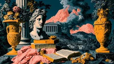 Surreal collage of a classical bust, orange urns and open book before erupting pink volcanoes