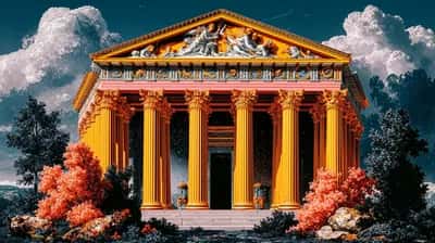Pop-art Greek temple with orange-yellow columns framed by autumn foliage and dramatic clouds