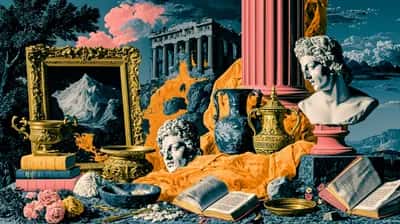 Surreal collage of Greek statues, columns, vases and a gold frame over a vivid blue sky
