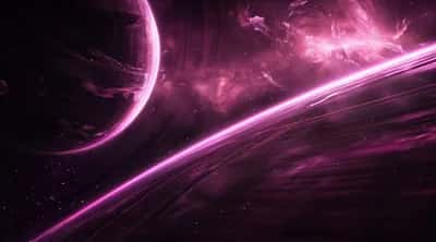 Magenta cosmic scene with a glowing pink light arc, nebula wisps and scattered stars