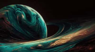 Teal marbled planet with swirling liquid surface and golden streaks on black