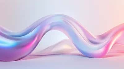 Soft pastel iridescent 3D wave ribbon in lilac, sky blue and pink on pale background