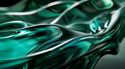 Dark emerald glassy liquid waves with glossy ripples and bright highlights