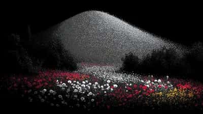 Surreal dark scene with a white stippled mound above a field of red and white flowers