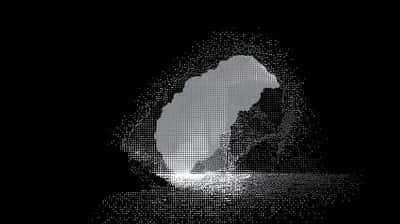 Craggy island shape built from pale stippled dots glowing above black, light burst at base