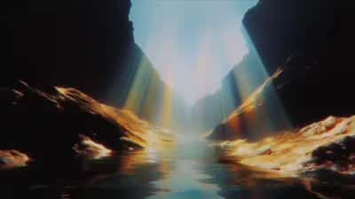 Narrow canyon with golden glowing rock walls and light beams streaming onto calm water