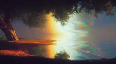 Lakeside at dusk with dark tree, warm golden glow, and rainbow shimmer across the water