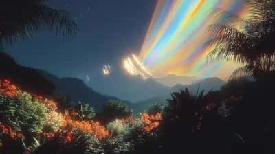 Twilight jungle silhouette with mountains and iridescent rainbow streaks across deep blue sky