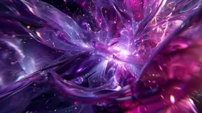 Translucent purple glassy liquid blobs bursting outward with sparkles and a bright white core