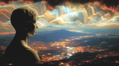 Silhouetted profile gazes over a glowing nighttime valley beneath wavy striped clouds