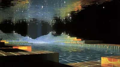 Dark digital terrain of glowing blue grid lines beneath a dense starfield