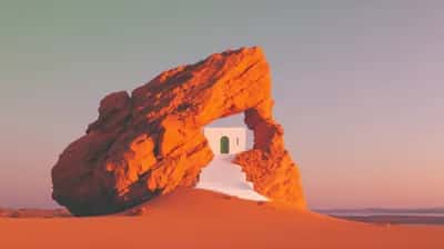 Sunlit orange rock arch frames a white doorway and stairs over desert sand