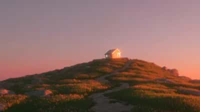 Glowing cabin on a grassy hilltop at dusk under a soft pink sky