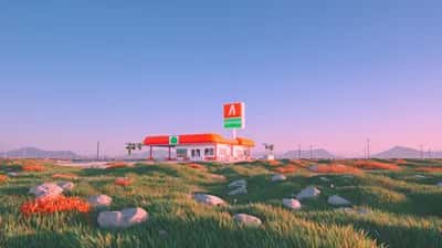 Retro gas station in a flowering green meadow under a blue-to-pink sky