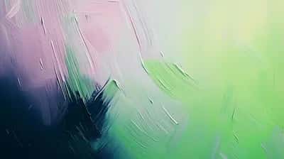 Thick painterly brushstrokes of lilac, lime green, and deep navy on canvas