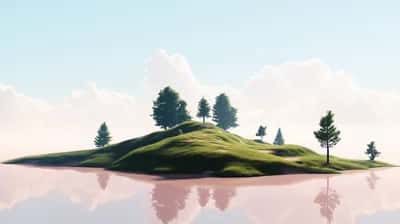 Soft grassy hilltop island floating above pastel water with mirrored reflection and clouds