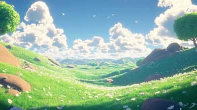 Stylized green meadow valley under a bright blue sky with puffy white clouds
